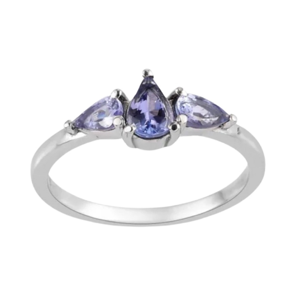 Genuine Teardrop 3 Stone Tanzanite Ring in Stainless Steel